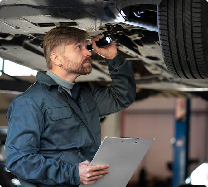 Mechanic inspecting car